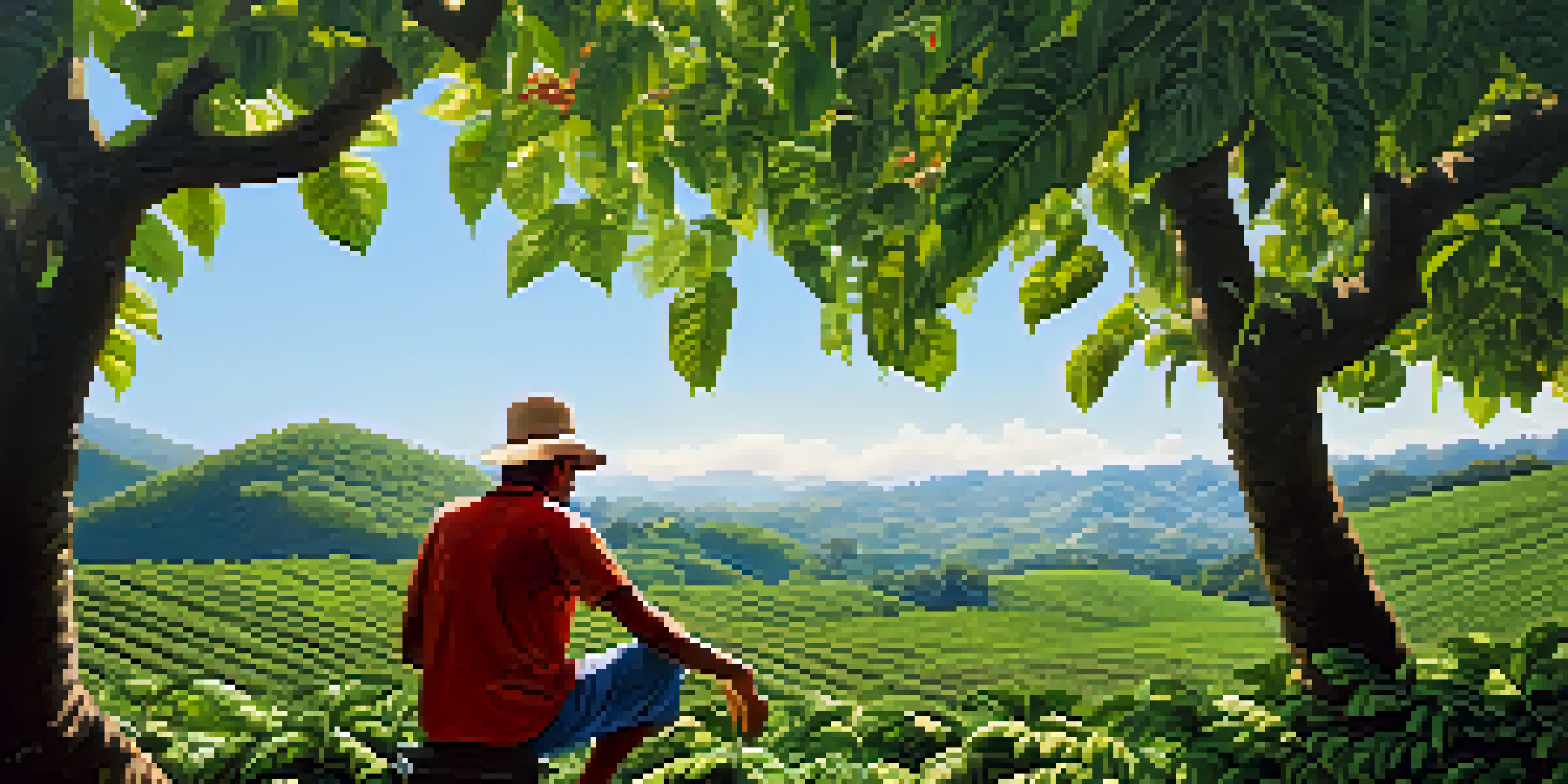 A farmer tending to a Brazilian coffee plantation with rows of coffee plants and trees under a blue sky.