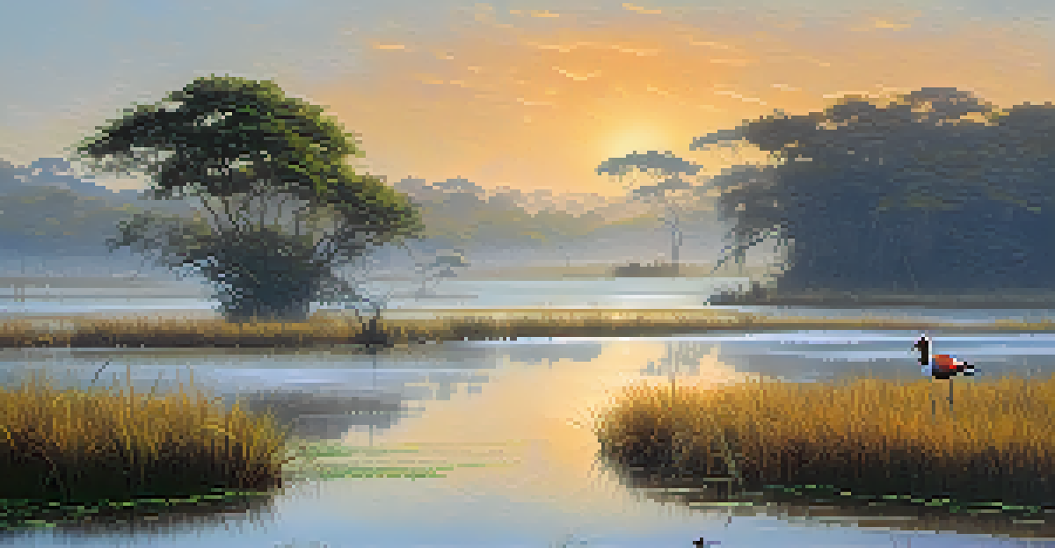 A jabiru stork standing in the Pantanal wetlands at dawn, with mist and soft light illuminating the landscape.