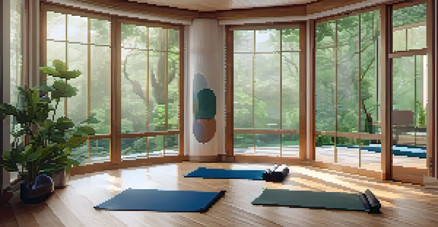 A bright yoga studio with large windows, wooden floors, yoga mats, and a calming water feature overlooking a green forest.