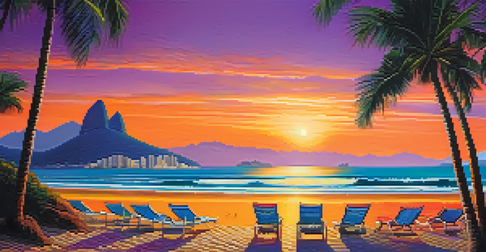 A stunning sunset view of Copacabana Beach with golden sands, palm trees, and Sugarloaf Mountain in the background.