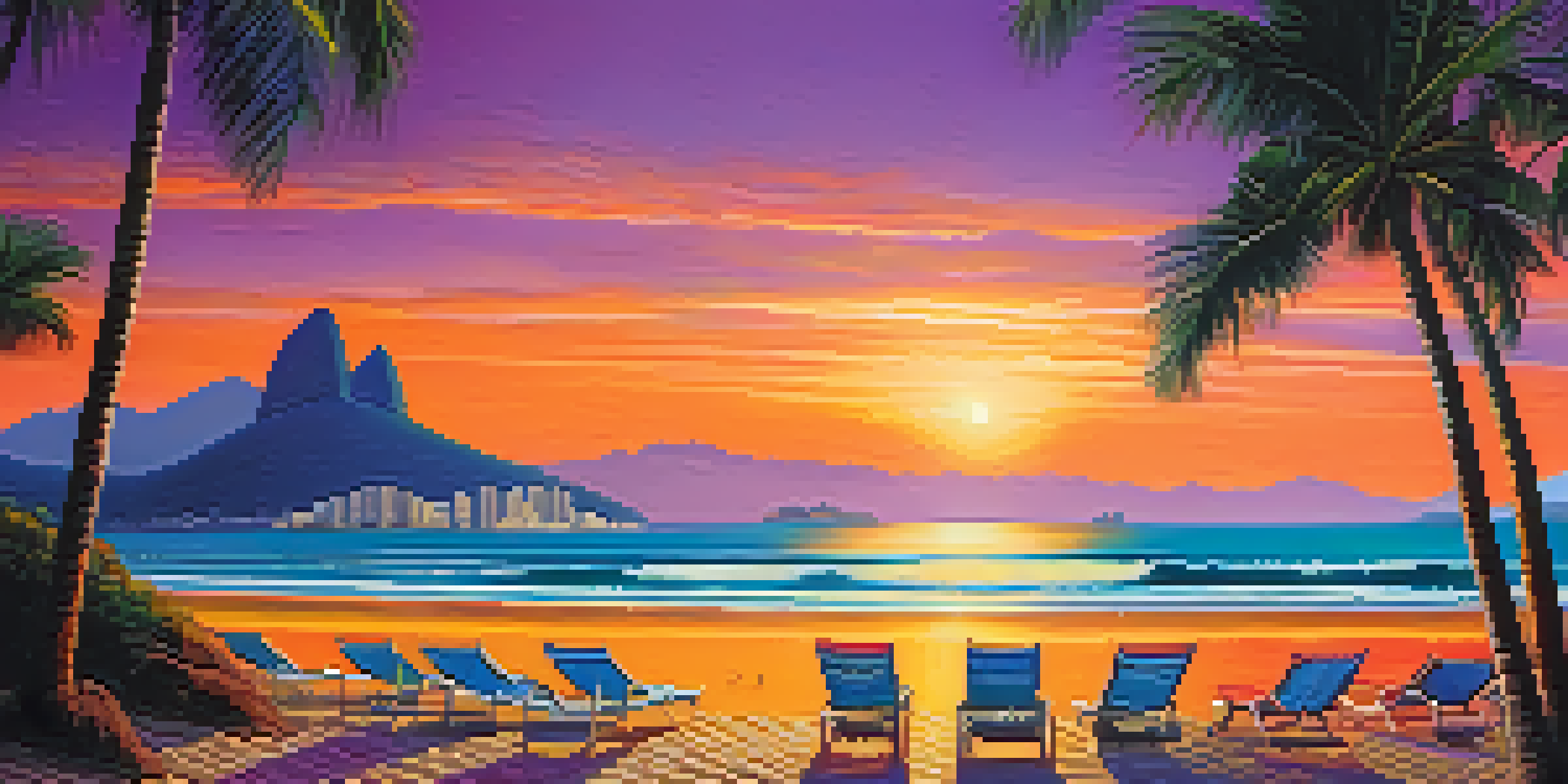 A stunning sunset view of Copacabana Beach with golden sands, palm trees, and Sugarloaf Mountain in the background.