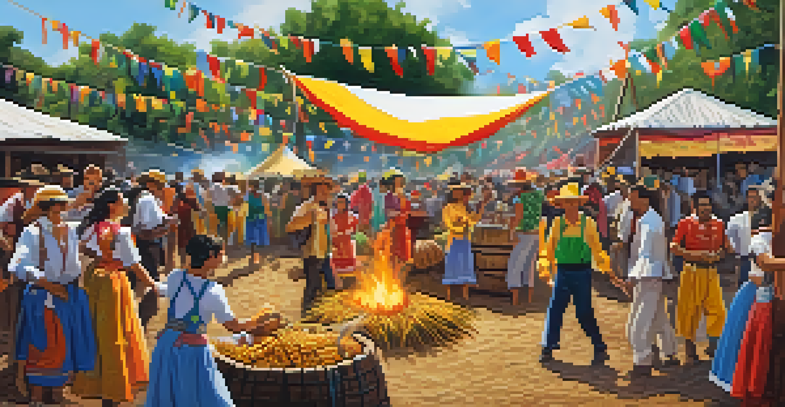 A festive Festa Junina celebration with people dancing around a bonfire and colorful decorations.