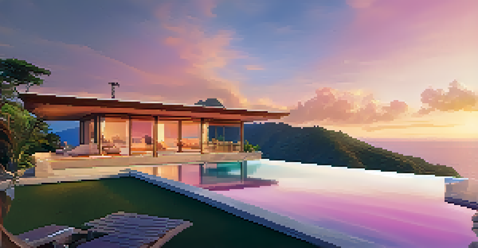 A luxurious bungalow with a private pool by the ocean at sunset, surrounded by lush greenery.