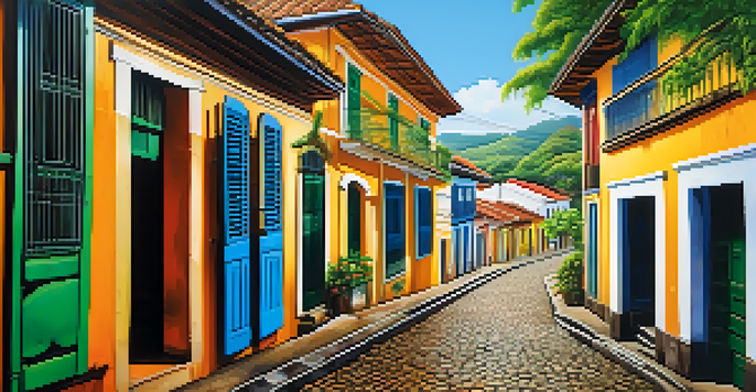 A vibrant colonial town in Brazil with colorful houses and cobblestone streets under a blue sky.