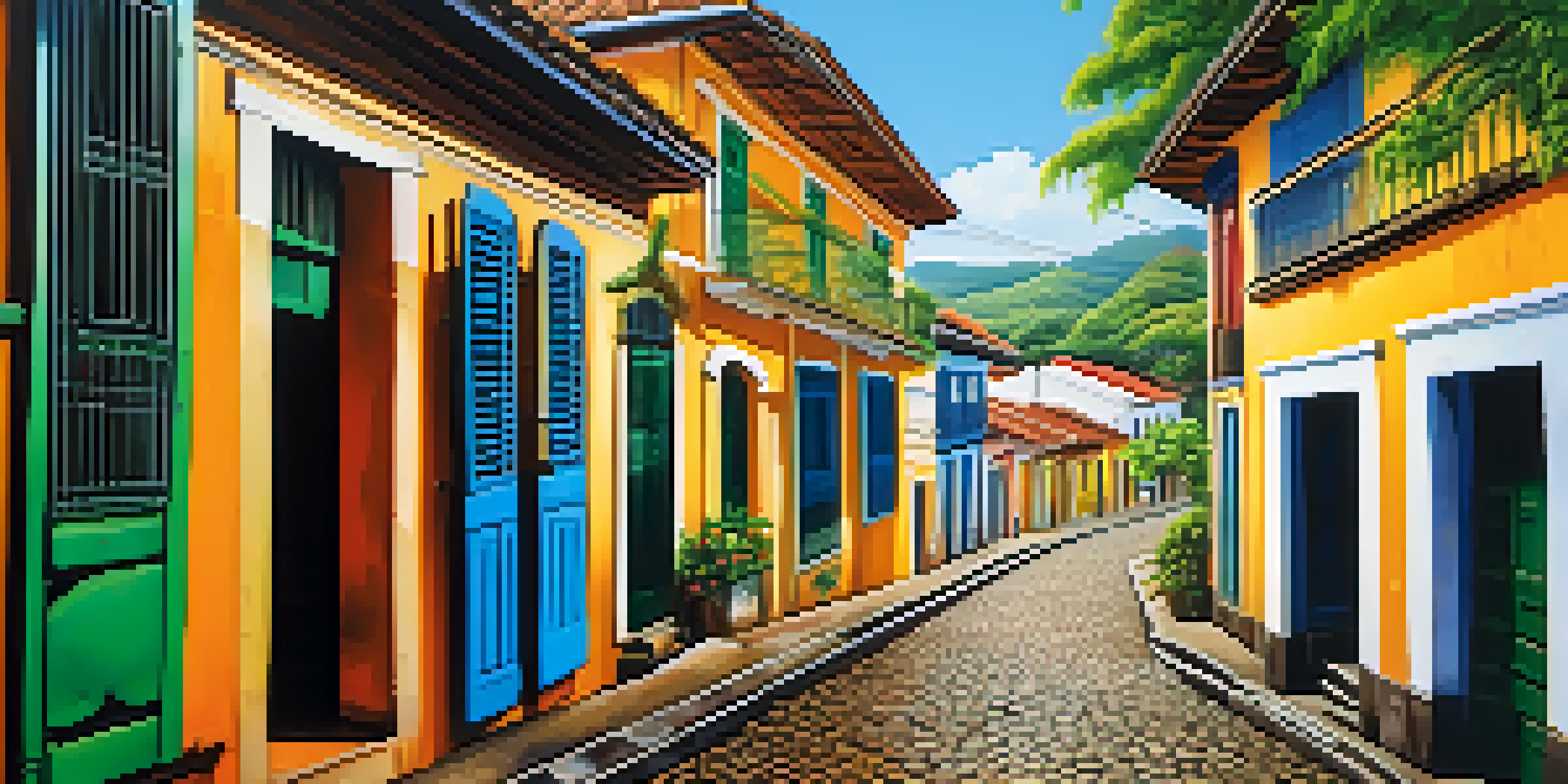 A vibrant colonial town in Brazil with colorful houses and cobblestone streets under a blue sky.