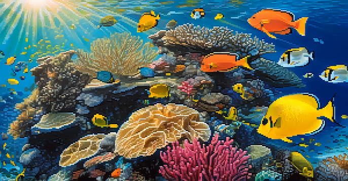 An underwater scene with colorful coral reefs, diverse fish, and sea turtles, illuminated by sunlight filtering through clear water.