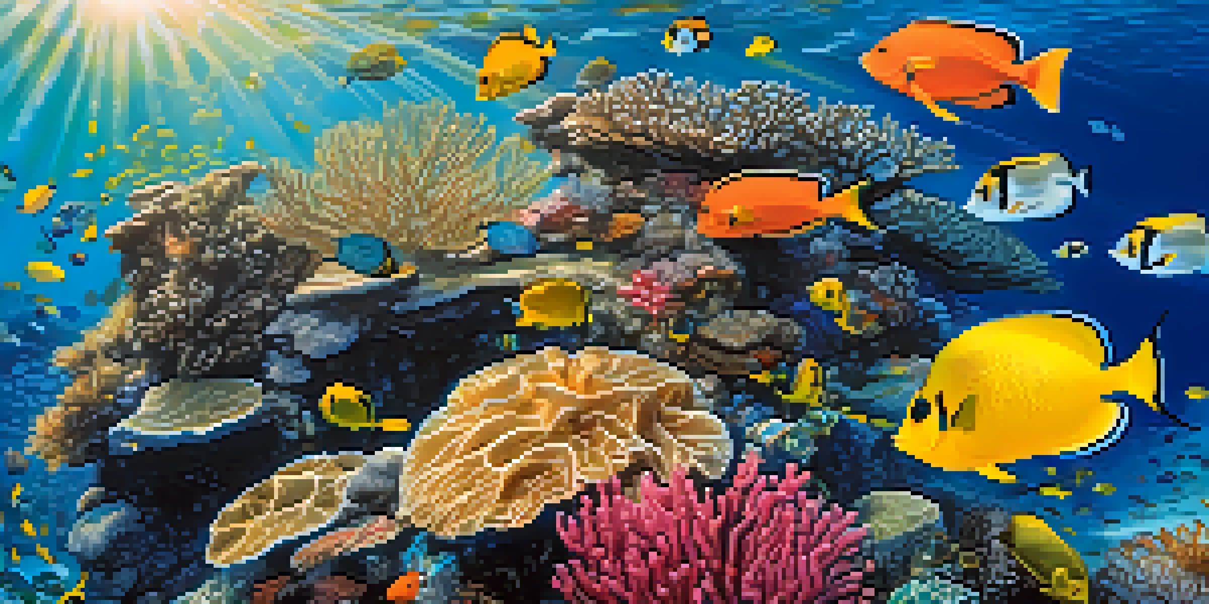An underwater scene with colorful coral reefs, diverse fish, and sea turtles, illuminated by sunlight filtering through clear water.