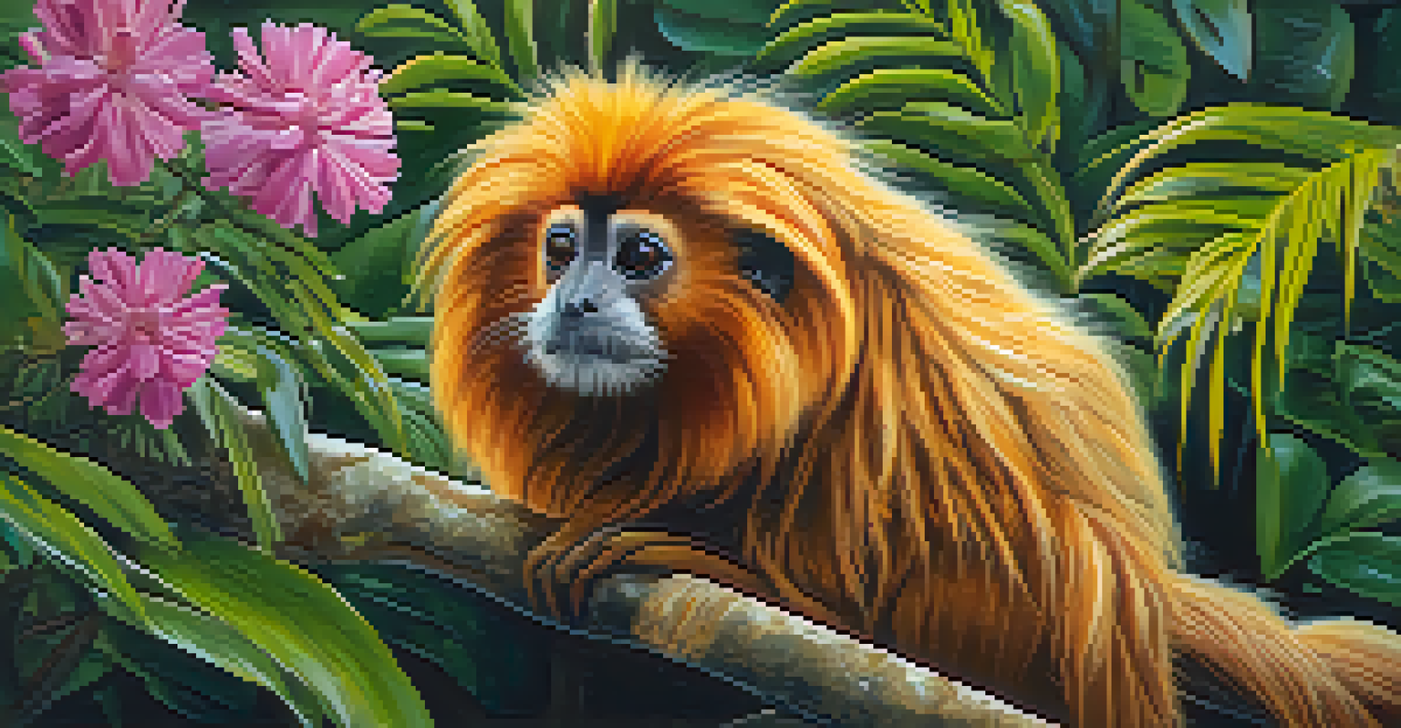 A close-up of a Golden Lion Tamarin with golden fur resting on a branch in the Atlantic Forest.