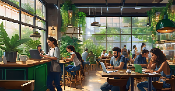 A lively café in São Paulo with digital nomads working on laptops, surrounded by plants and artwork, warm lighting, and a barista making coffee.