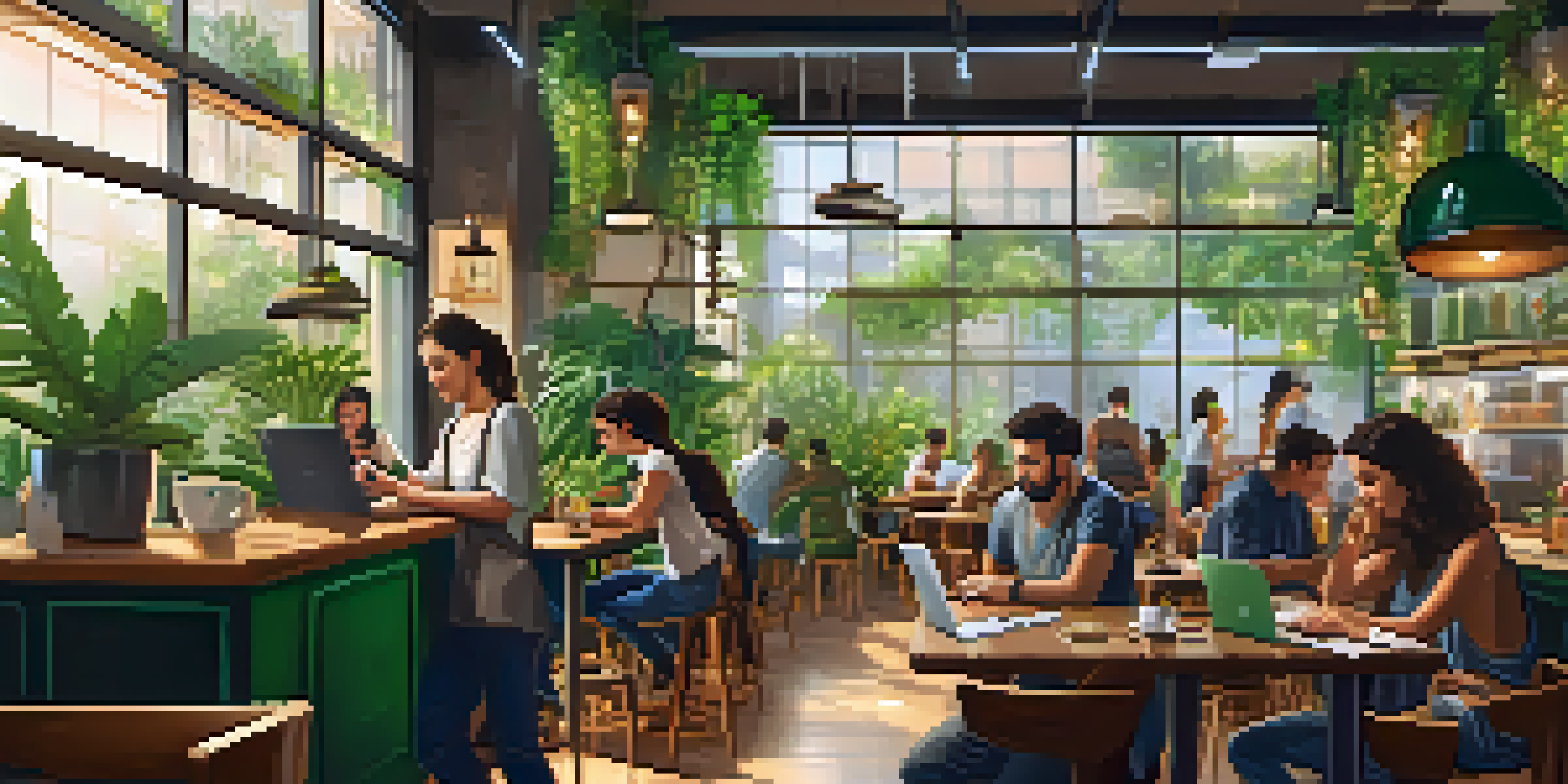 A lively café in São Paulo with digital nomads working on laptops, surrounded by plants and artwork, warm lighting, and a barista making coffee.