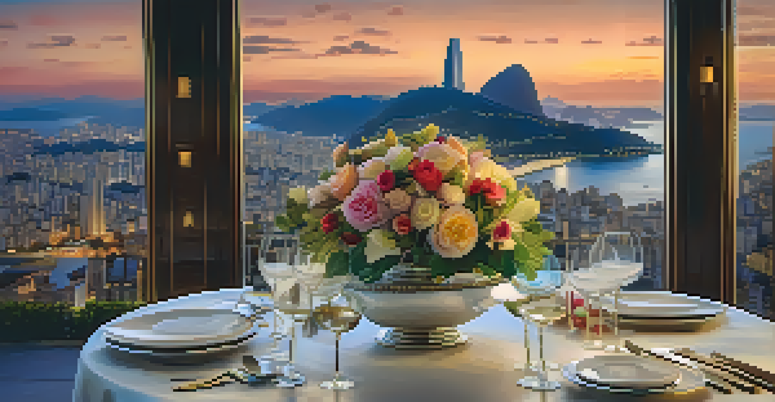A fine dining setup in Rio de Janeiro with a beautifully plated dish and a view of the city skyline.