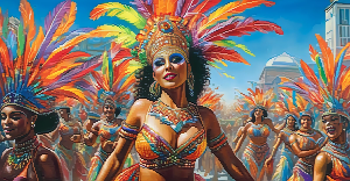 A lively street scene of a Brazilian Carnival with dancers in colorful costumes and decorated floats, showcasing the vibrancy of the festival.