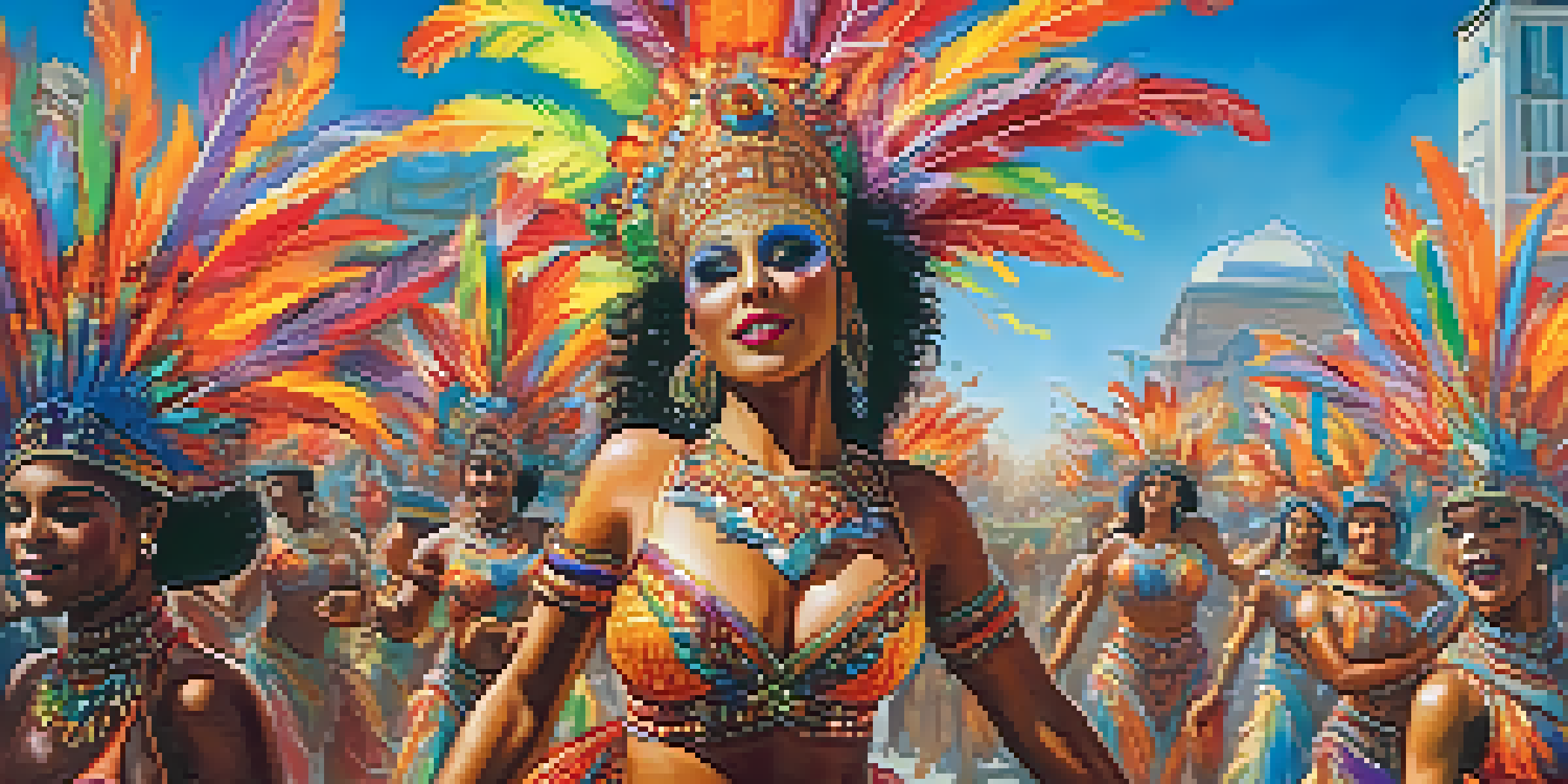 A lively street scene of a Brazilian Carnival with dancers in colorful costumes and decorated floats, showcasing the vibrancy of the festival.