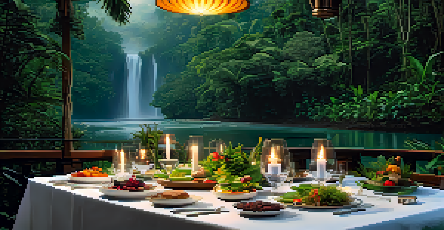 An elegant outdoor dining setup in the Amazon with gourmet dishes and candlelight surrounded by rainforest.