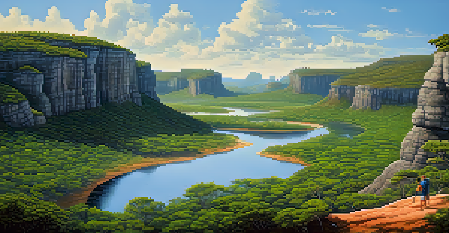 A view of Vale da Lua in Chapada dos Veadeiros, highlighting unique rock formations and flowing rivers, with hikers exploring the landscape.