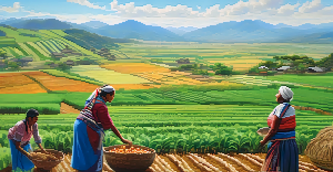 An Indigenous community participating in traditional farming, surrounded by colorful crops and a beautiful natural landscape.