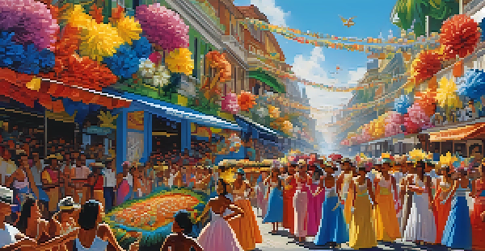 A lively Carnival celebration in Brazil with dancers in colorful costumes and vibrant floats.