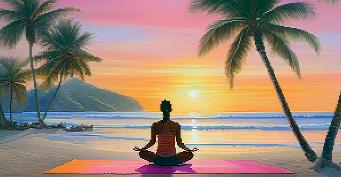 A yogi practicing yoga at sunrise on a beautiful Brazilian beach, with colorful skies and palm trees in the background.