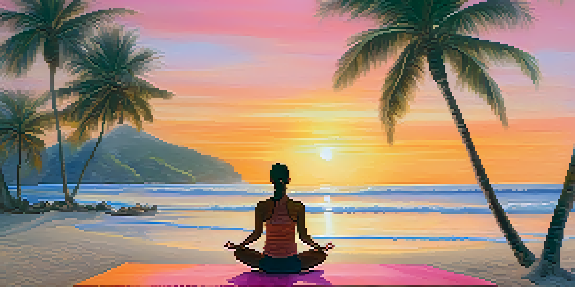 A yogi practicing yoga at sunrise on a beautiful Brazilian beach, with colorful skies and palm trees in the background.