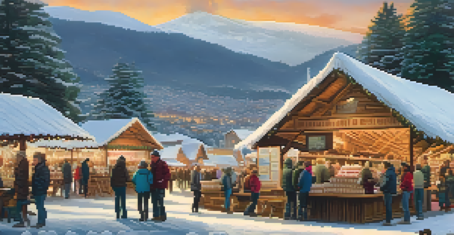 A cozy winter coffee festival scene with visitors enjoying coffee in a mountainous landscape.