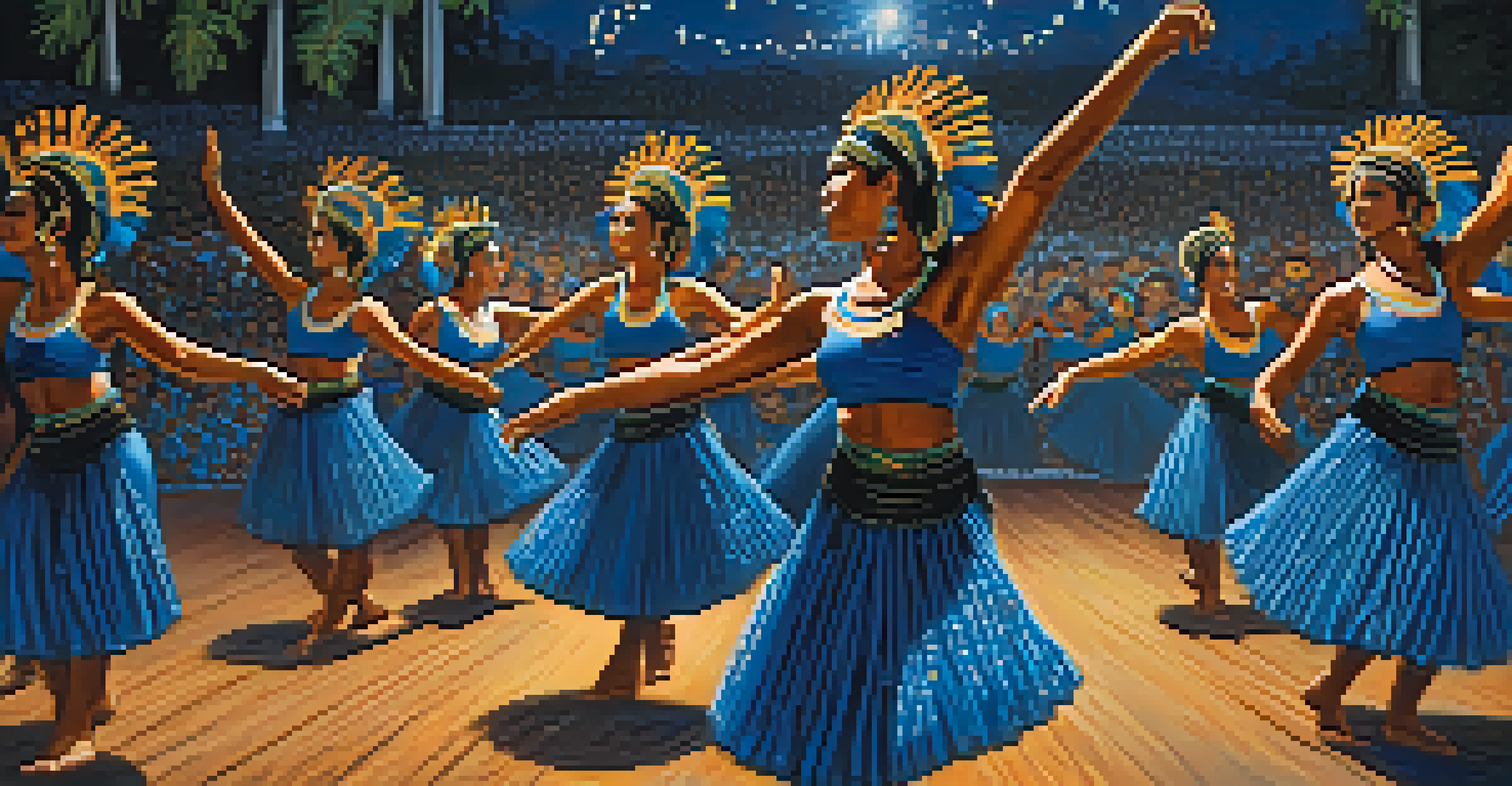 Dancers from the Caprichoso team in stunning blue costumes performing at the Festival of Parintins with an excited audience in the background.