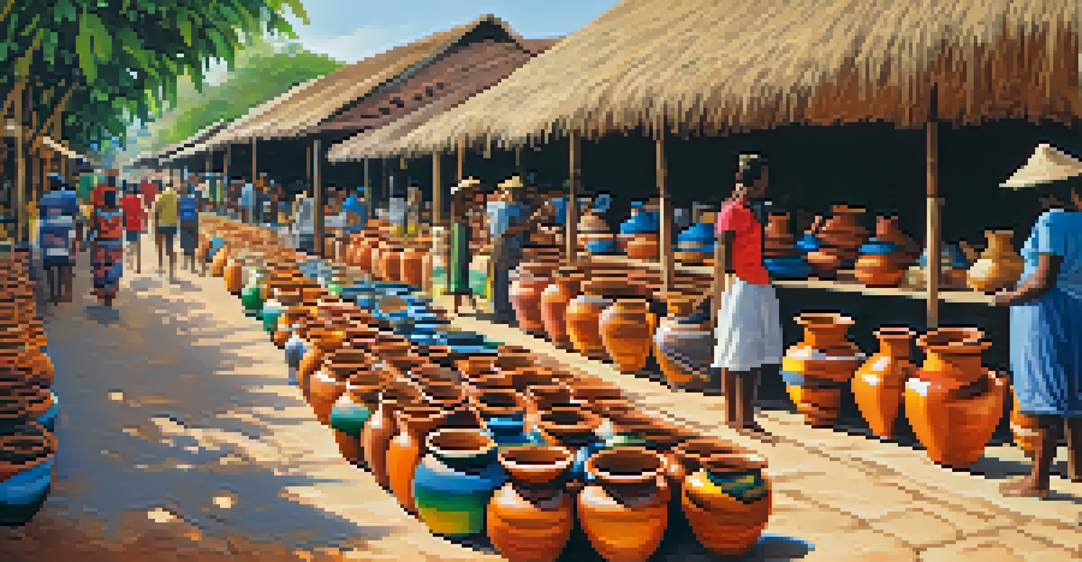 An outdoor pottery market in Arembepe, Bahia, showcasing colorful pottery with artisans interacting with visitors in a vibrant setting.
