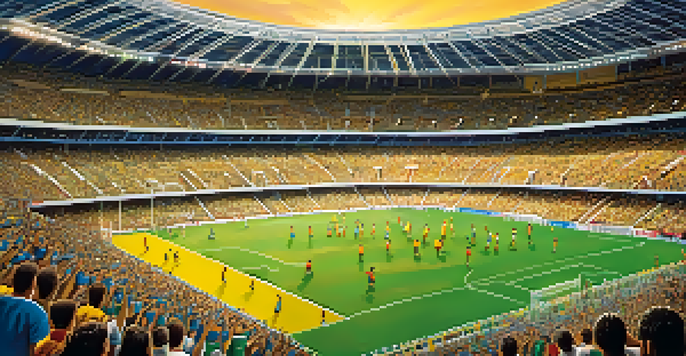 A crowded Maracanã Stadium filled with cheering fans watching a football match during sunset.