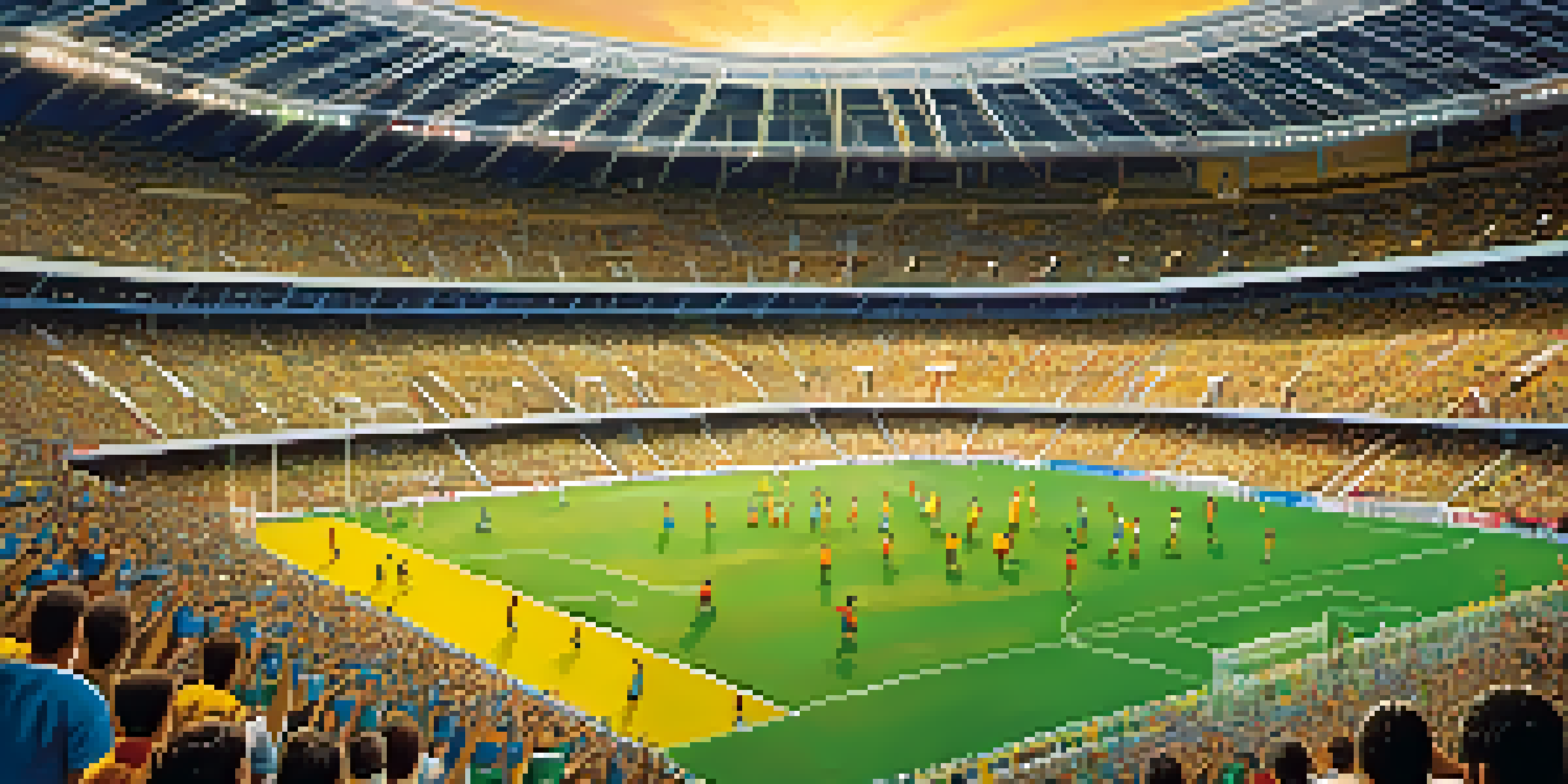 A crowded Maracanã Stadium filled with cheering fans watching a football match during sunset.