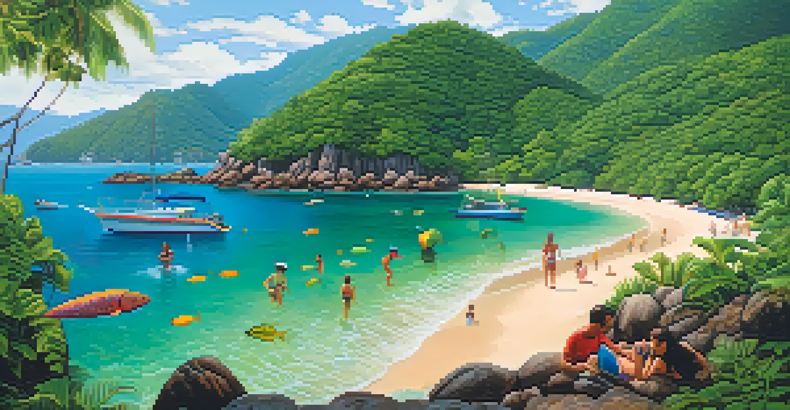 Families snorkeling at a beach in Ilha Grande, enjoying the vibrant marine life near colorful reefs, with green hills in the background.
