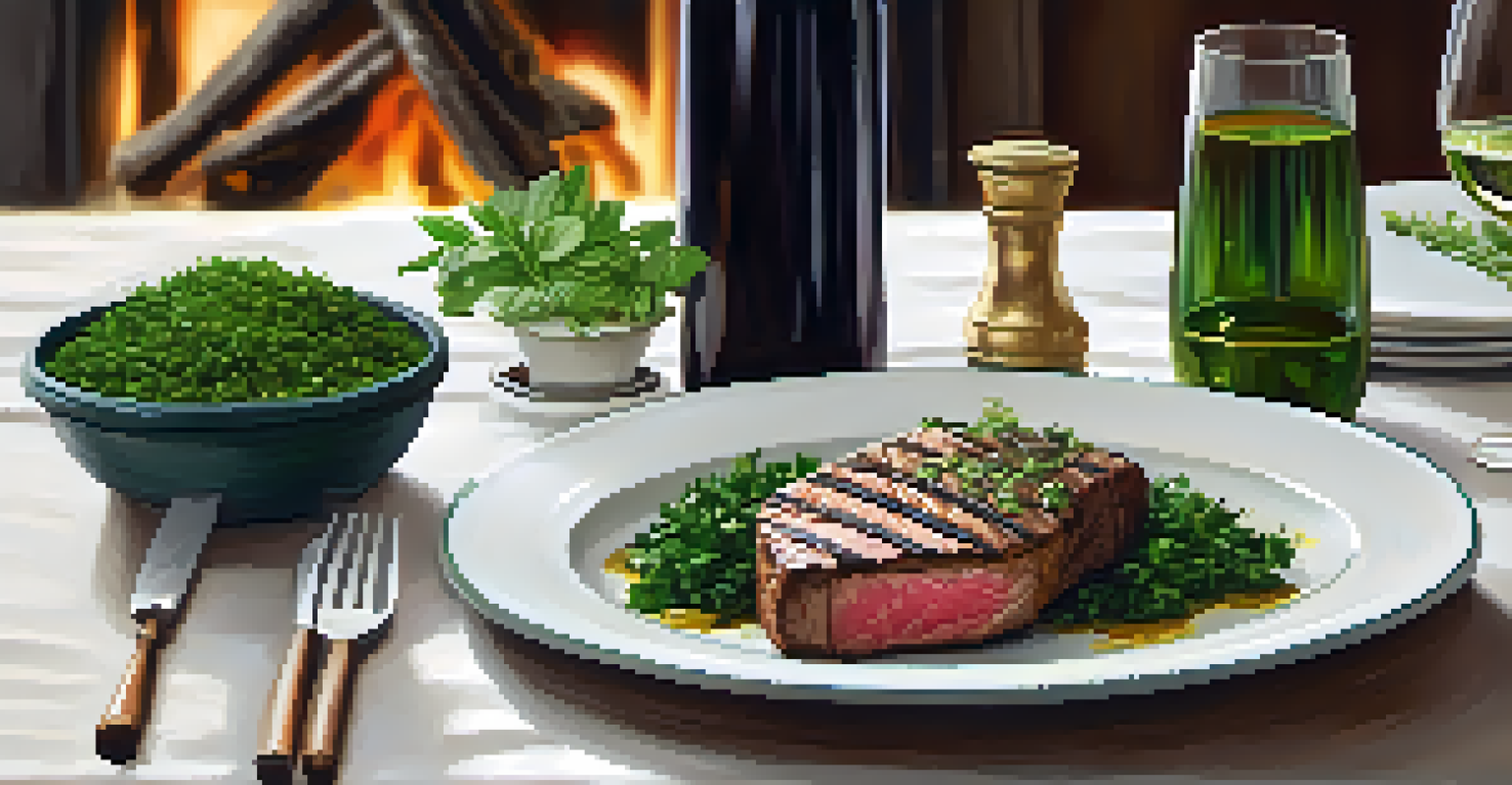 An elegant table setting with traditional Southern Brazilian dishes, including grilled picanha and chimichurri sauce.