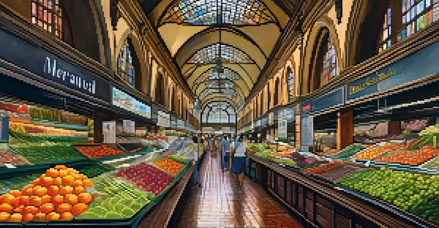 Inside the Mercado Municipal in São Paulo, featuring colorful stalls of fresh produce and gourmet food with beautiful stained glass windows. People are savoring street food.