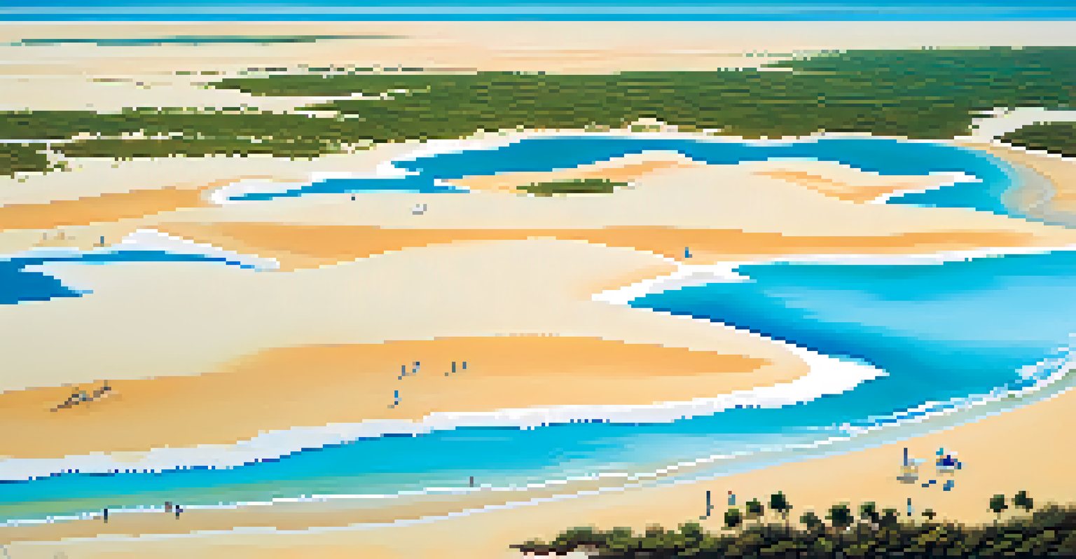 Aerial view of Lençóis Maranhenses National Park featuring white sand dunes and blue lagoons with people swimming.