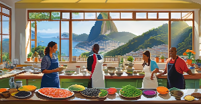 A cooking class in a bright kitchen in Rio de Janeiro, with a chef demonstrating feijoada against a backdrop of Sugarloaf Mountain.