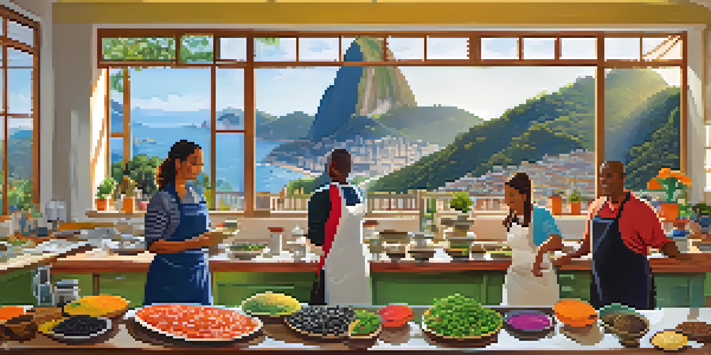 A cooking class in a bright kitchen in Rio de Janeiro, with a chef demonstrating feijoada against a backdrop of Sugarloaf Mountain.