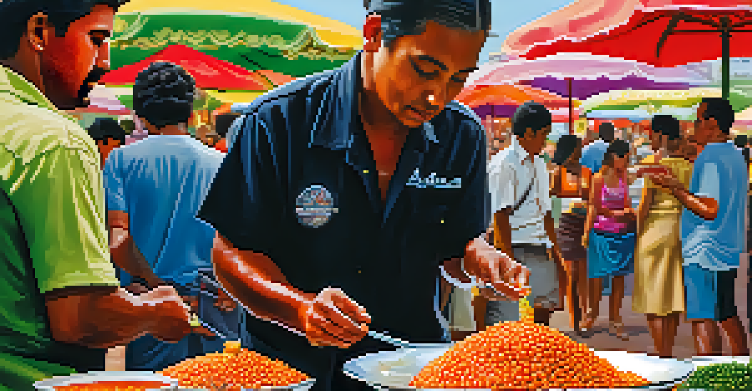 A vendor preparing acarajé in a colorful street food market, showcasing the dish's golden color and ingredients.