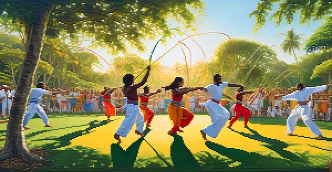 A lively gathering of Capoeira practitioners performing in a circle in a park, surrounded by greenery and traditional instruments.