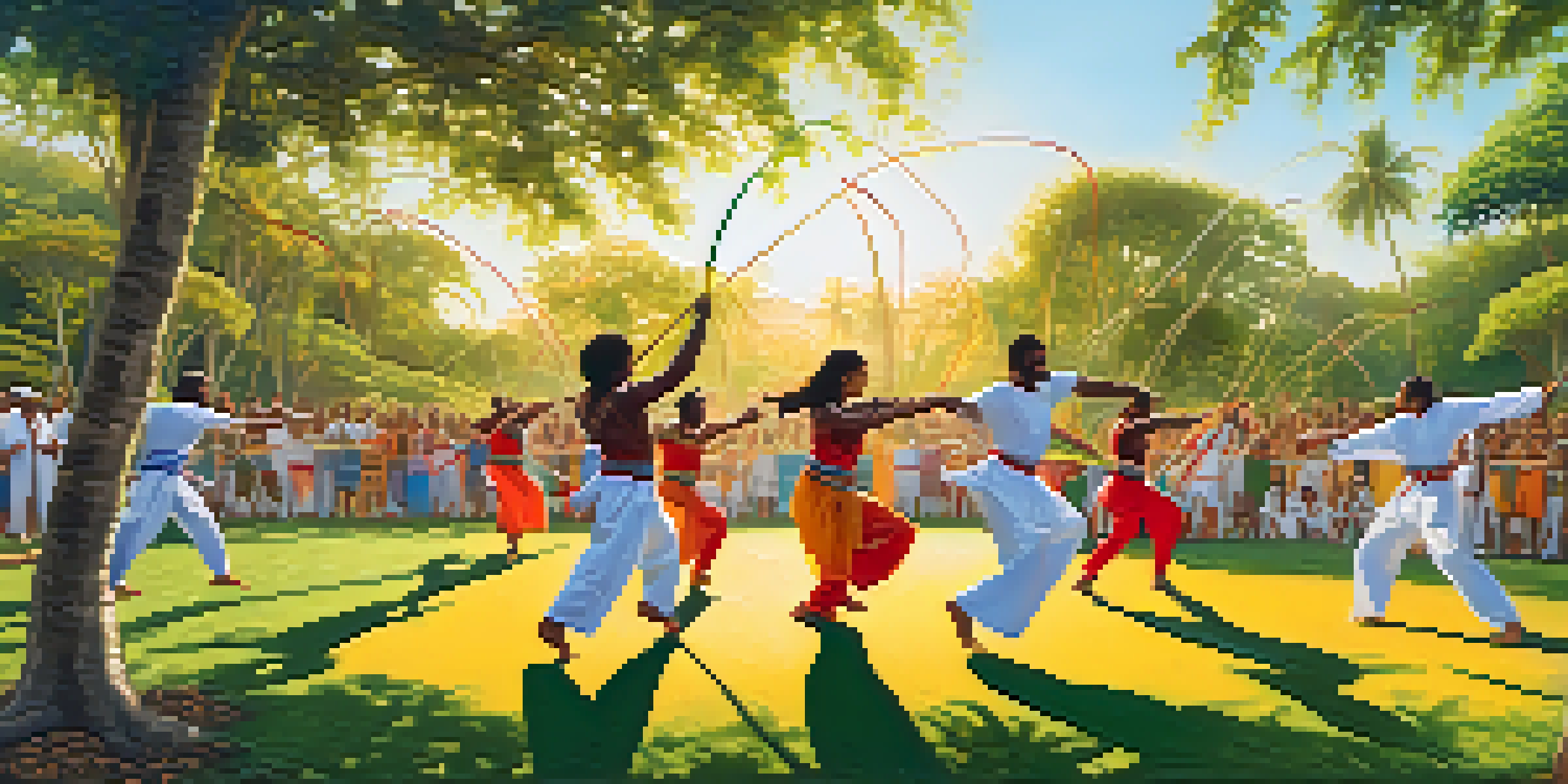 A lively gathering of Capoeira practitioners performing in a circle in a park, surrounded by greenery and traditional instruments.