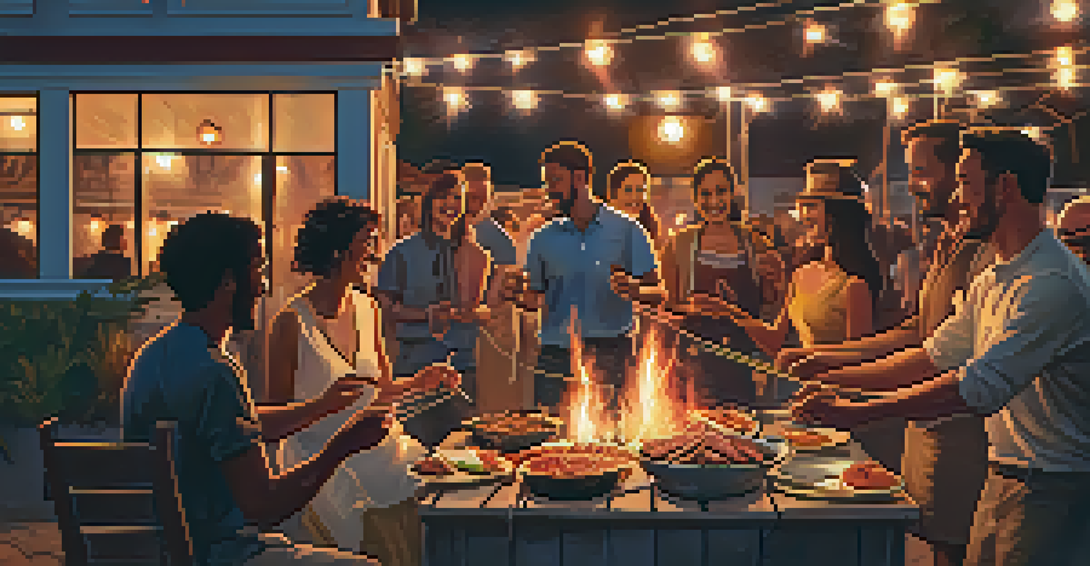 A festive outdoor barbecue gathering at dusk, featuring a grill with skewers of meat, surrounded by people enjoying food and drinks, with string lights creating a warm ambiance.