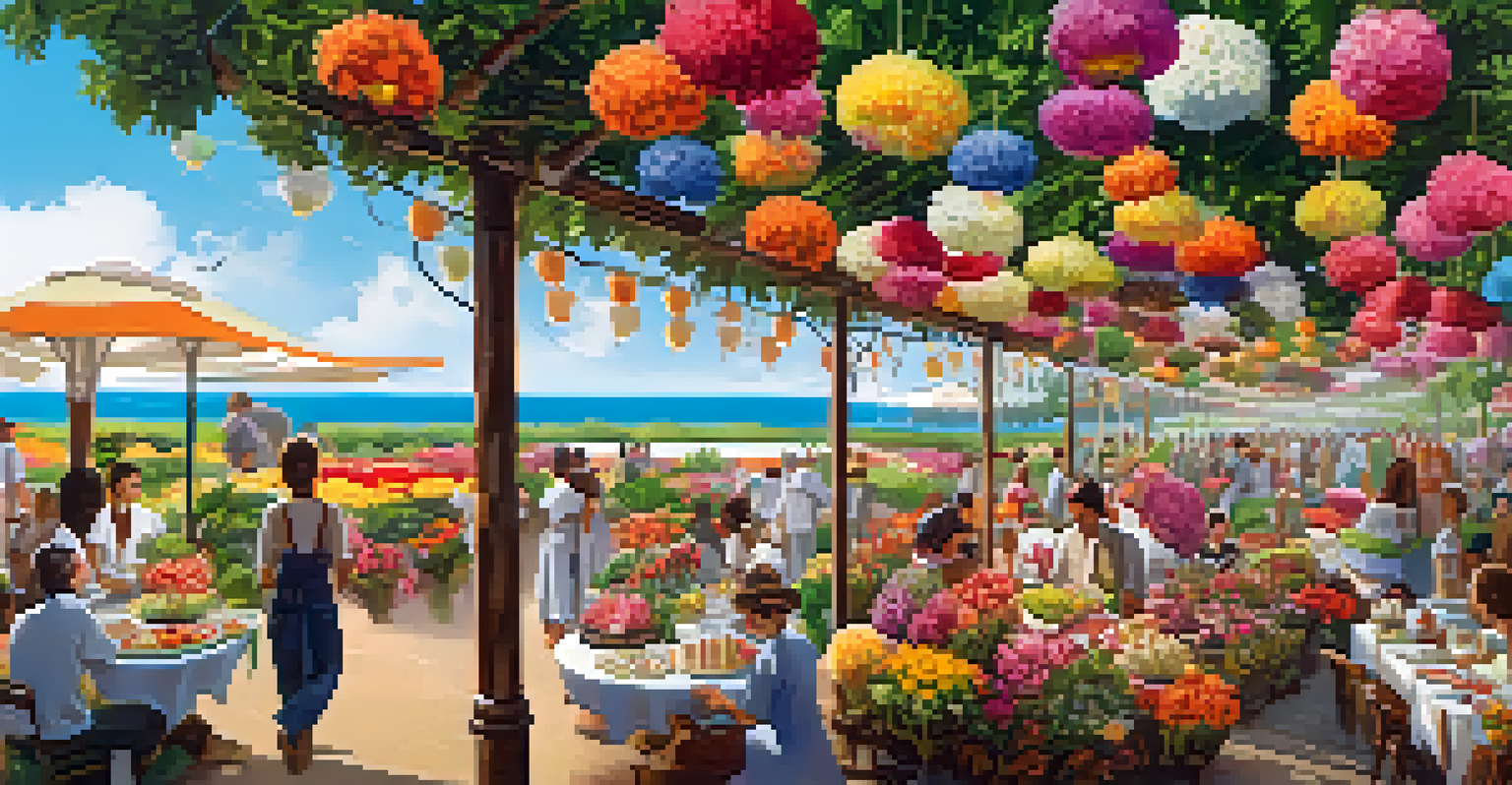 A vibrant scene from the Flower Festival in Holambra, featuring food stalls with floral dishes and visitors in a beautiful garden setting.