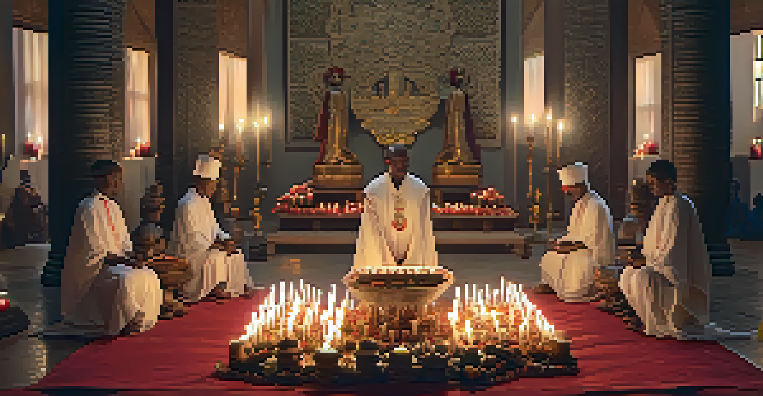 A peaceful Candomblé ritual with participants in white garments and a beautifully arranged altar.