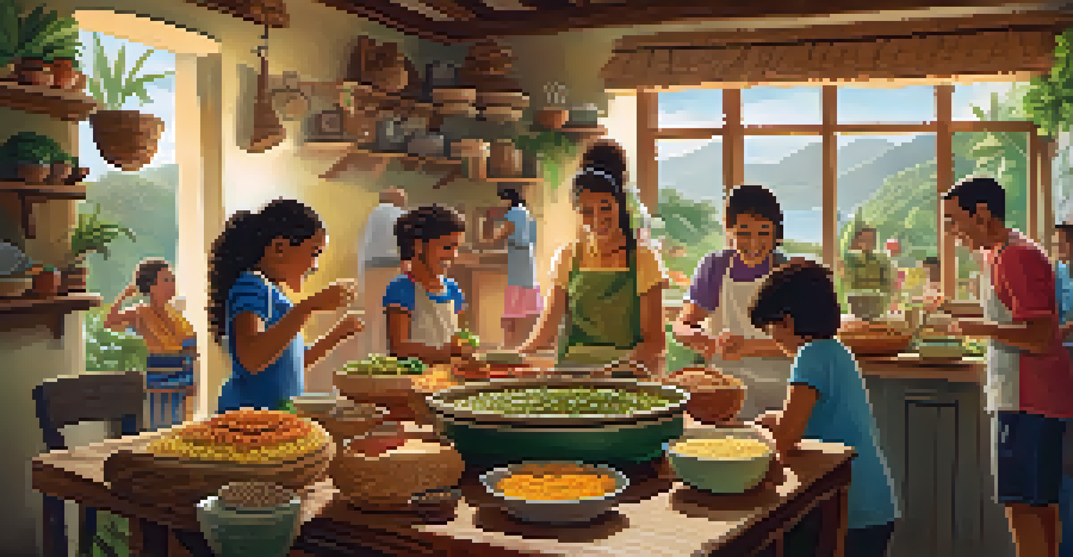 A family in a cozy kitchen preparing traditional Brazilian food together, showcasing teamwork and joy.