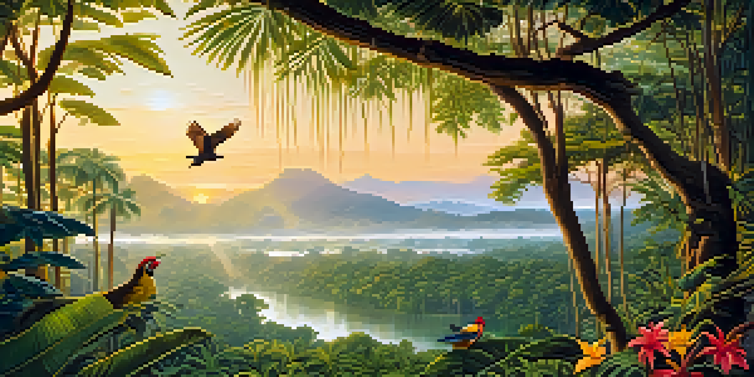 A peaceful Amazon Rainforest scene at dawn, with mist and sunlight illuminating the trees and colorful flowers.