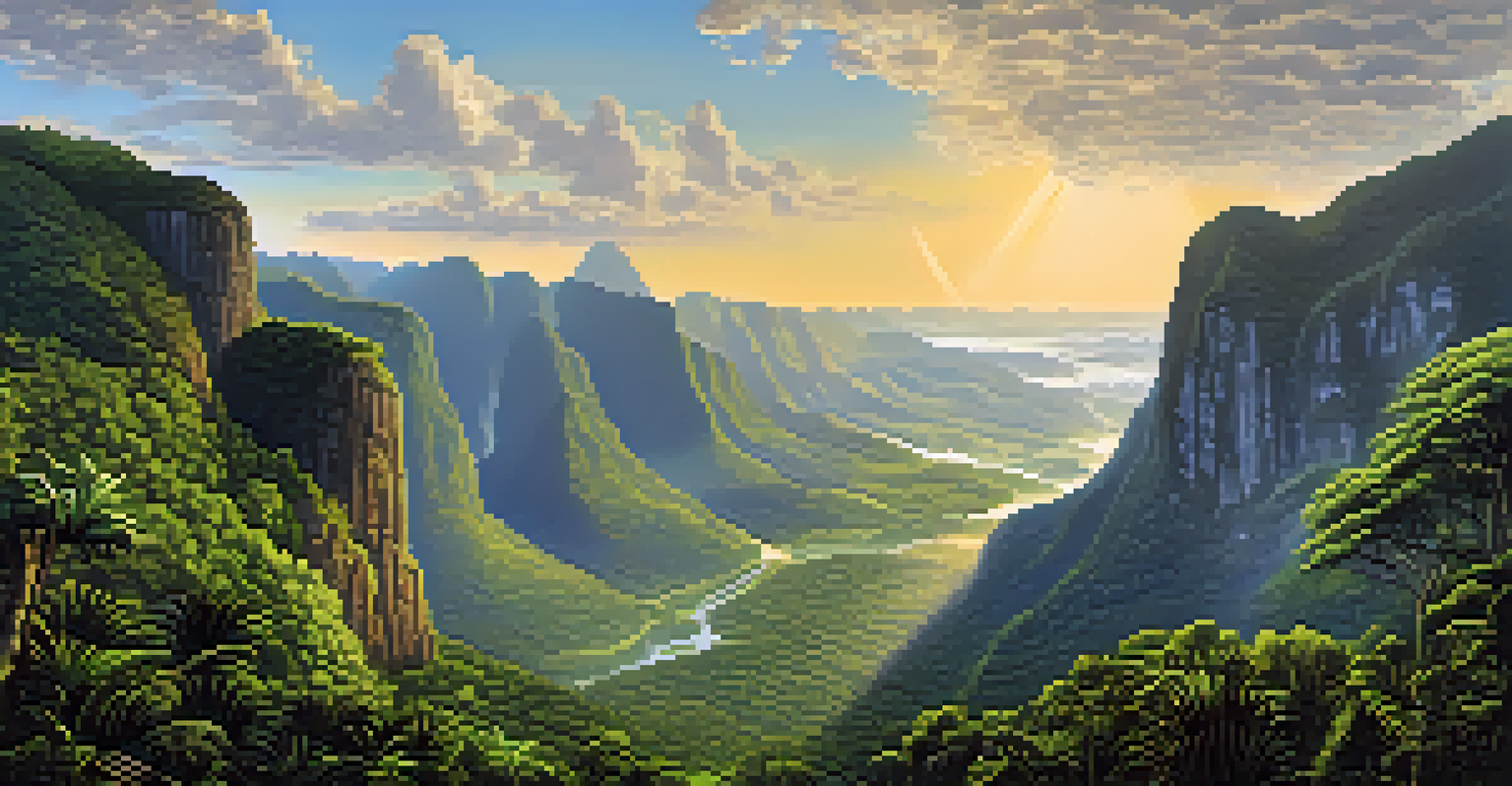 View of the Serra do Mar mountain range with dramatic cliffs, lush rainforests, and cascading waterfalls illuminated by sunlight.