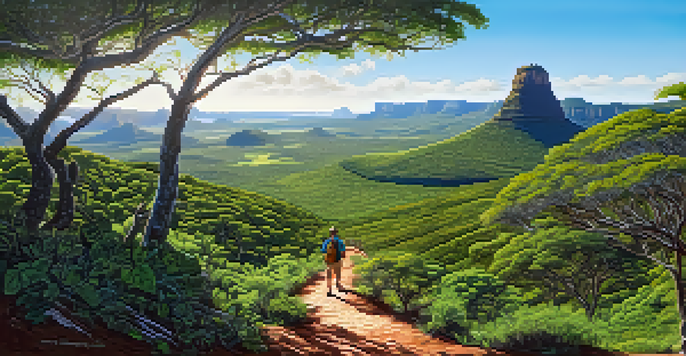 A hiker on a vibrant hiking trail in Chapada Diamantina National Park surrounded by lush greenery and unique rock formations under a clear blue sky.