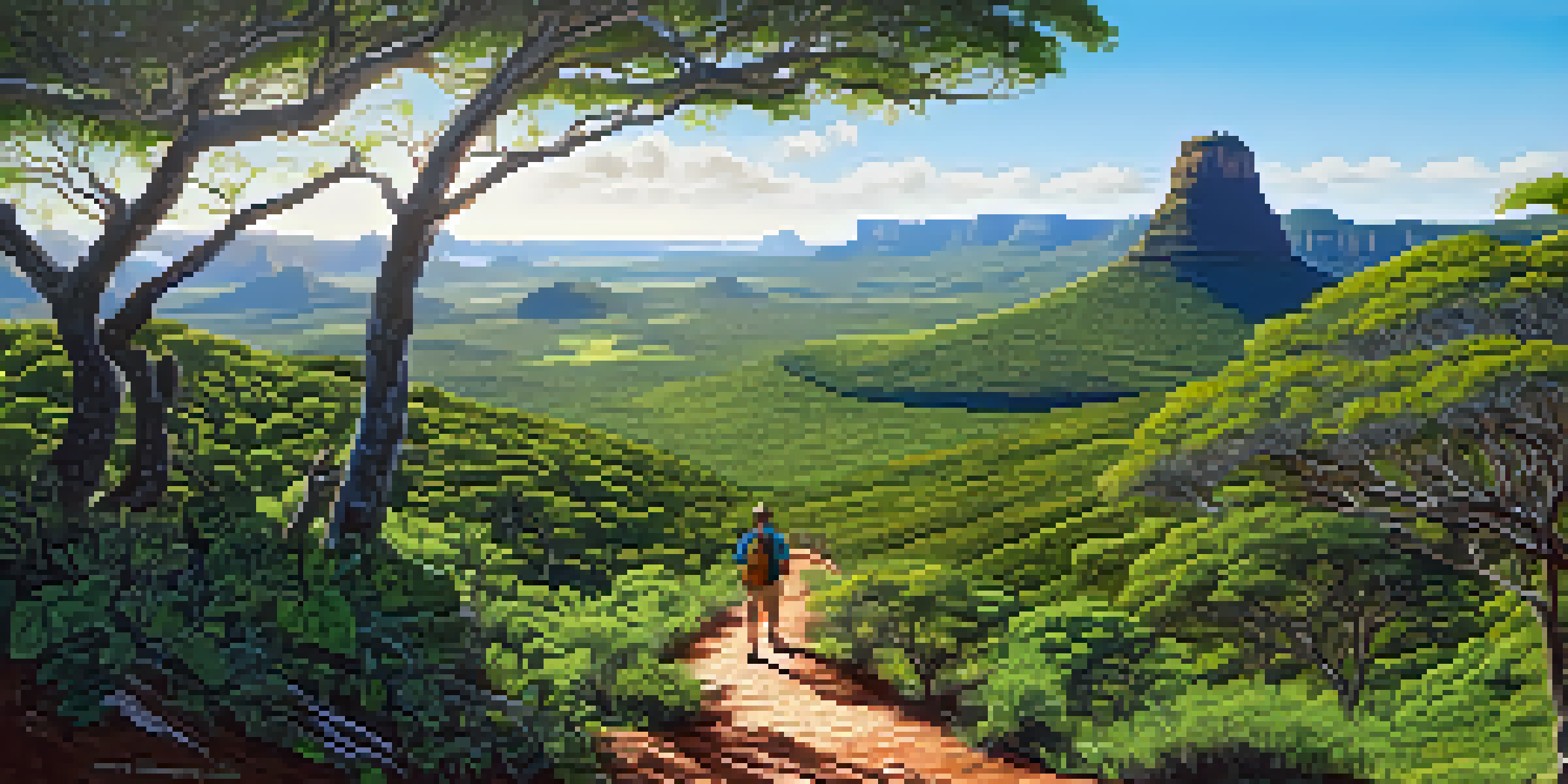 A hiker on a vibrant hiking trail in Chapada Diamantina National Park surrounded by lush greenery and unique rock formations under a clear blue sky.