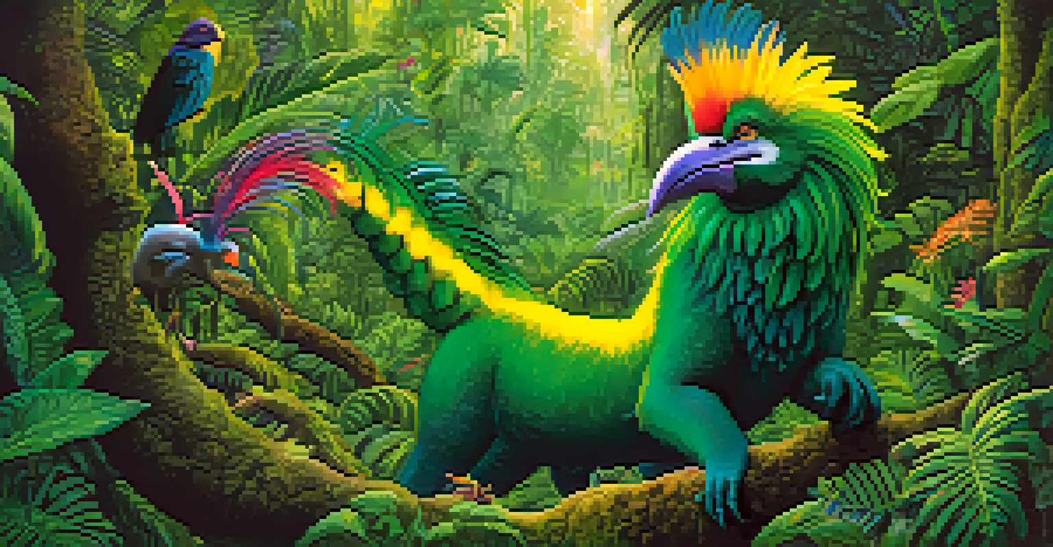 A depiction of the mythical creature Curupira in a lush forest, highlighting its connection to nature.