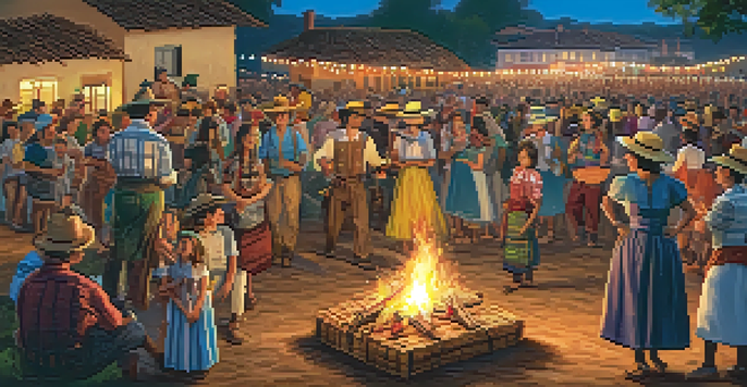 A lively Festa Junina celebration with families around a bonfire, people in traditional attire, and a table of traditional foods.