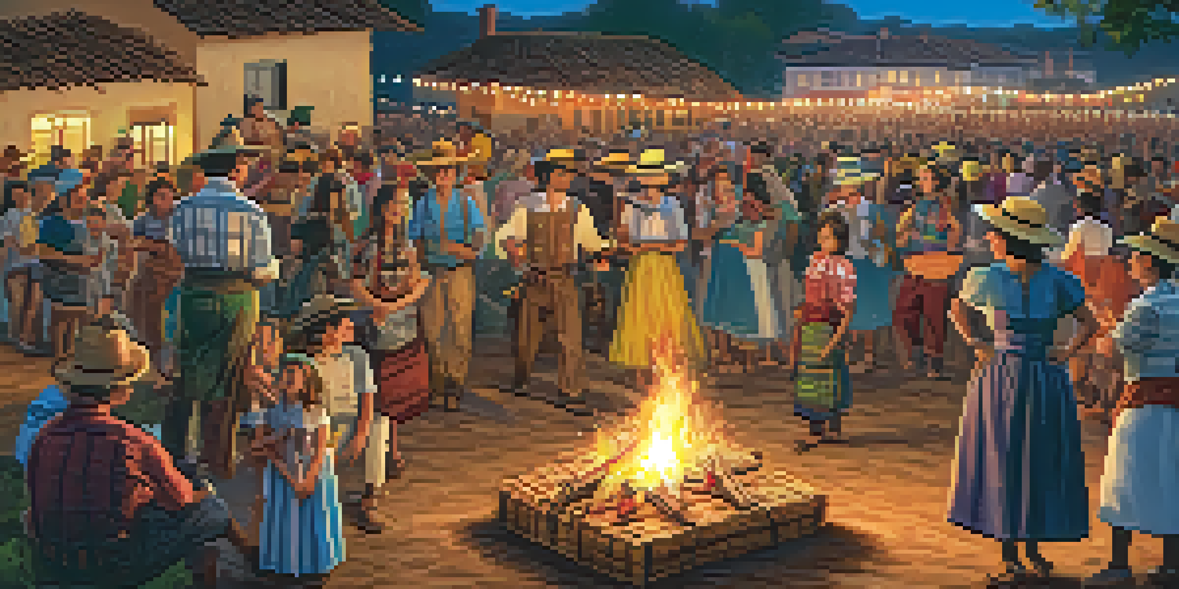 A lively Festa Junina celebration with families around a bonfire, people in traditional attire, and a table of traditional foods.