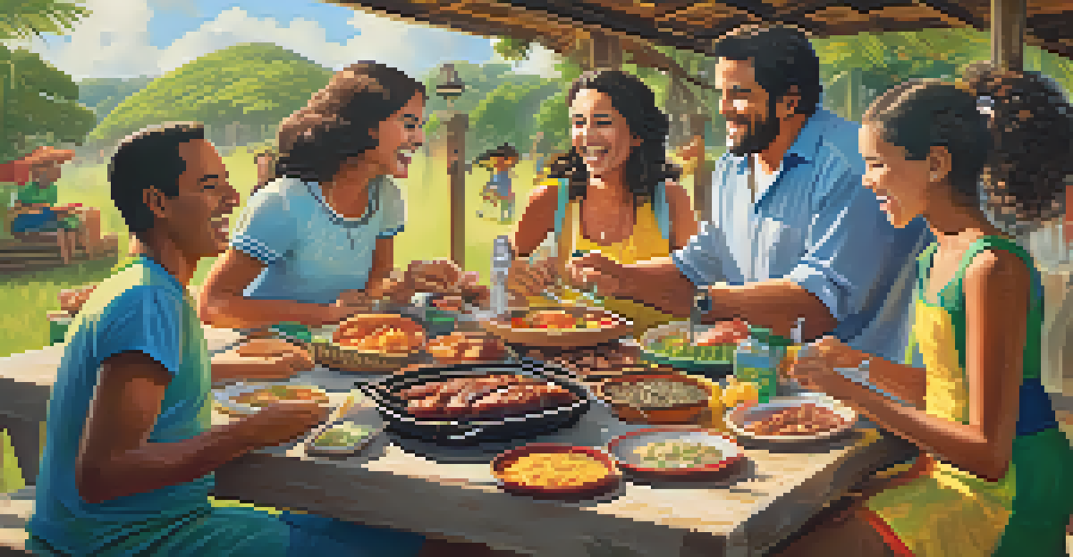 A vibrant outdoor family gathering in Brazil with people enjoying a barbecue and sharing food, filled with laughter and joy.