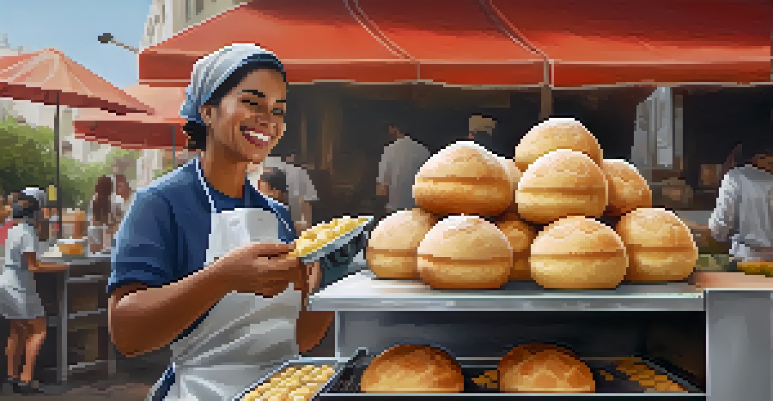 A close-up of a street food vendor making freshly baked pão de queijo with clean utensils and a tidy setup, highlighting food hygiene.